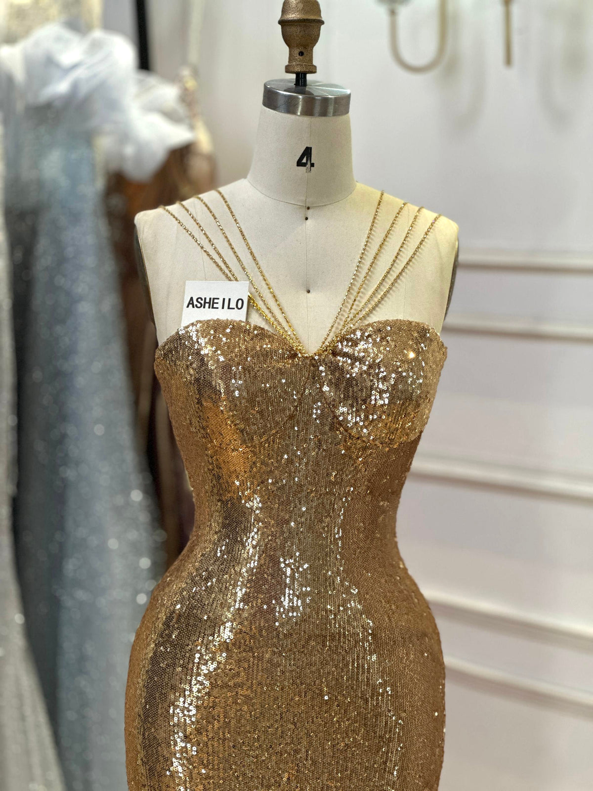 Golden Sequin Mermaid Gown with Beaded Straps
