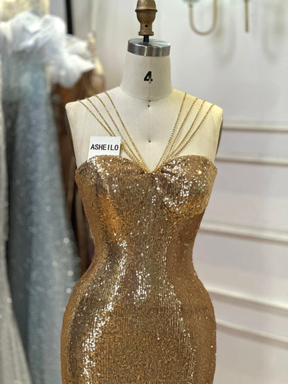 Golden Sequin Mermaid Gown with Beaded Straps