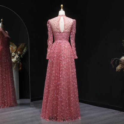 “Dusty Rose” Embroidered Tulle Gown with Long Sleeves and 3D Floral Beading