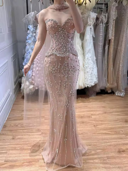 Luxury Peach Blossom Corset Gown with Crystal Rain Embroidery