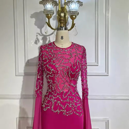 Fuchsia Mermaid Evening Dress, Beaded with Elegant Cape Sleeves