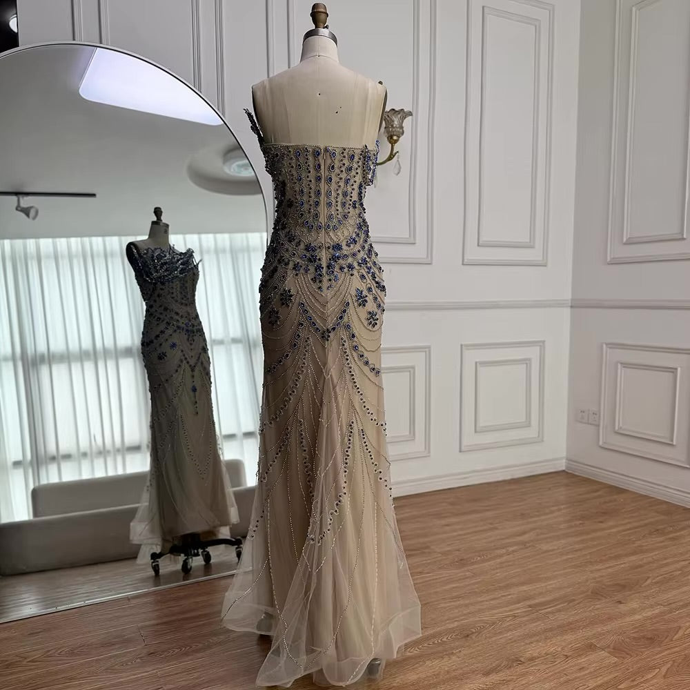 Luxury Gown with Royal Blue Crystal Embroidery