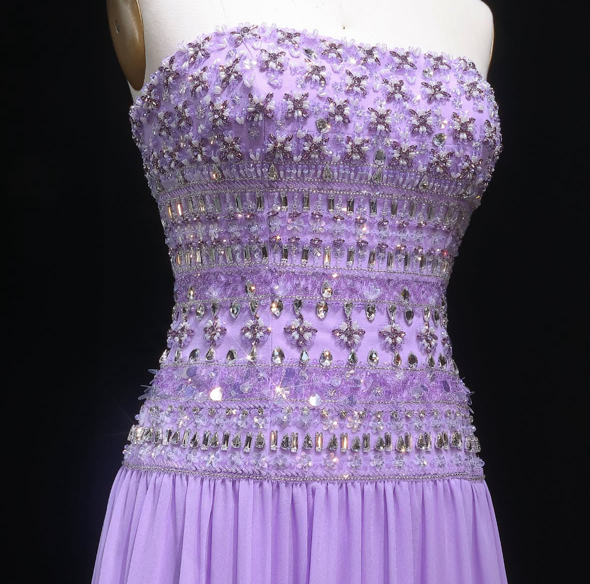 Strapless Lavender Evening Dress with Crystal and Beaded Embellishments