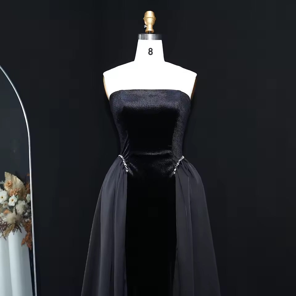 Velvet Strapless Gown with Draped Chiffon Panels and Crystal-Embellished Waist
