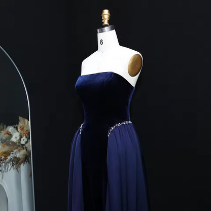 Velvet Strapless Gown with Draped Chiffon Panels and Crystal-Embellished Waist