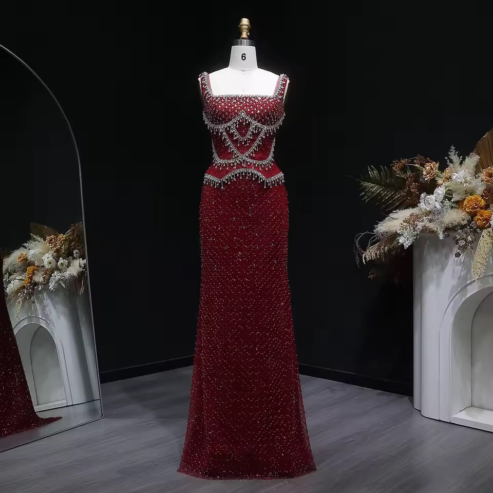 Luxury Beaded Crystal Long Straight Evening Dress