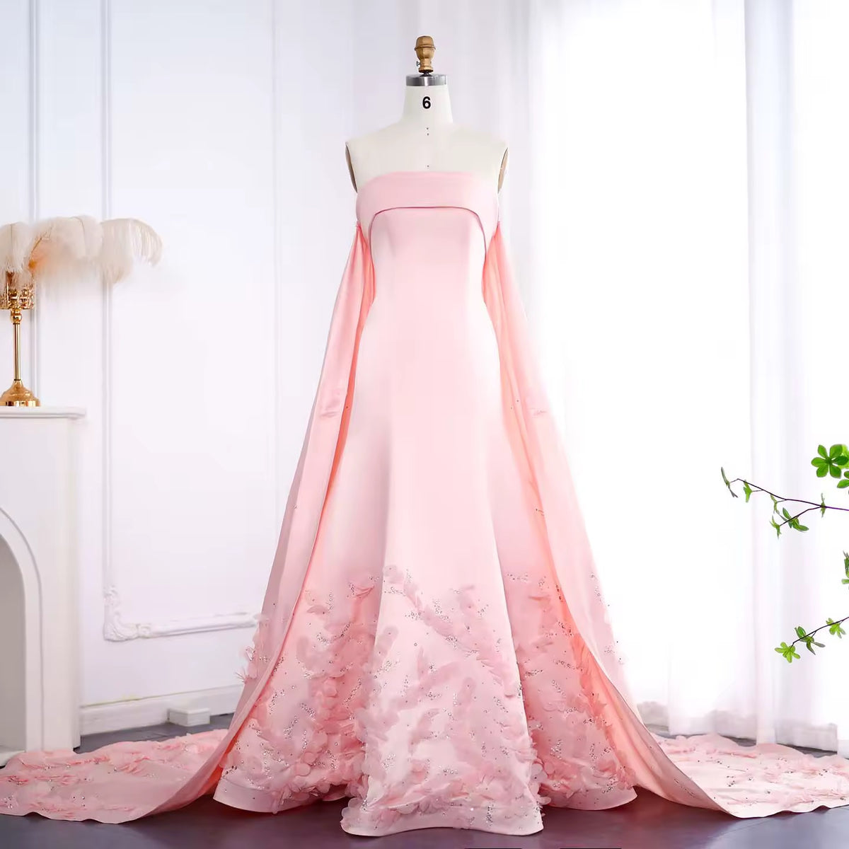 Luxury Crystal 3D flower Sage Green Evening Dress with Cape ns