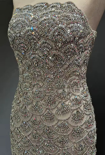 Scalloped Crystal-Encrusted Silver Couture Gown