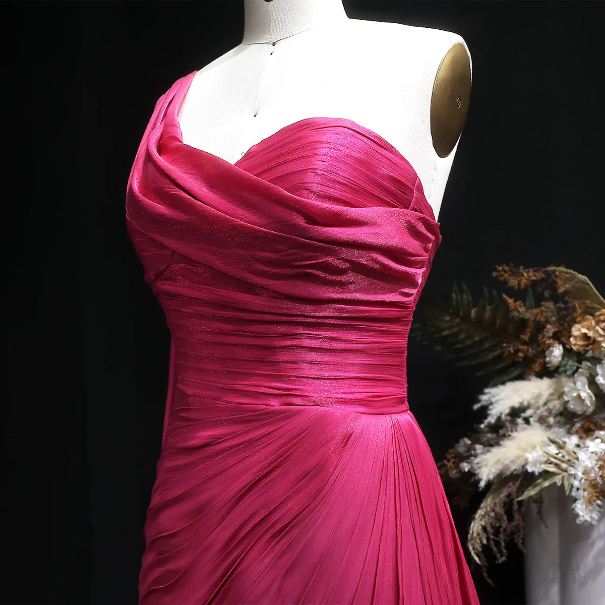 Metallic Ruched One-Shoulder Gown