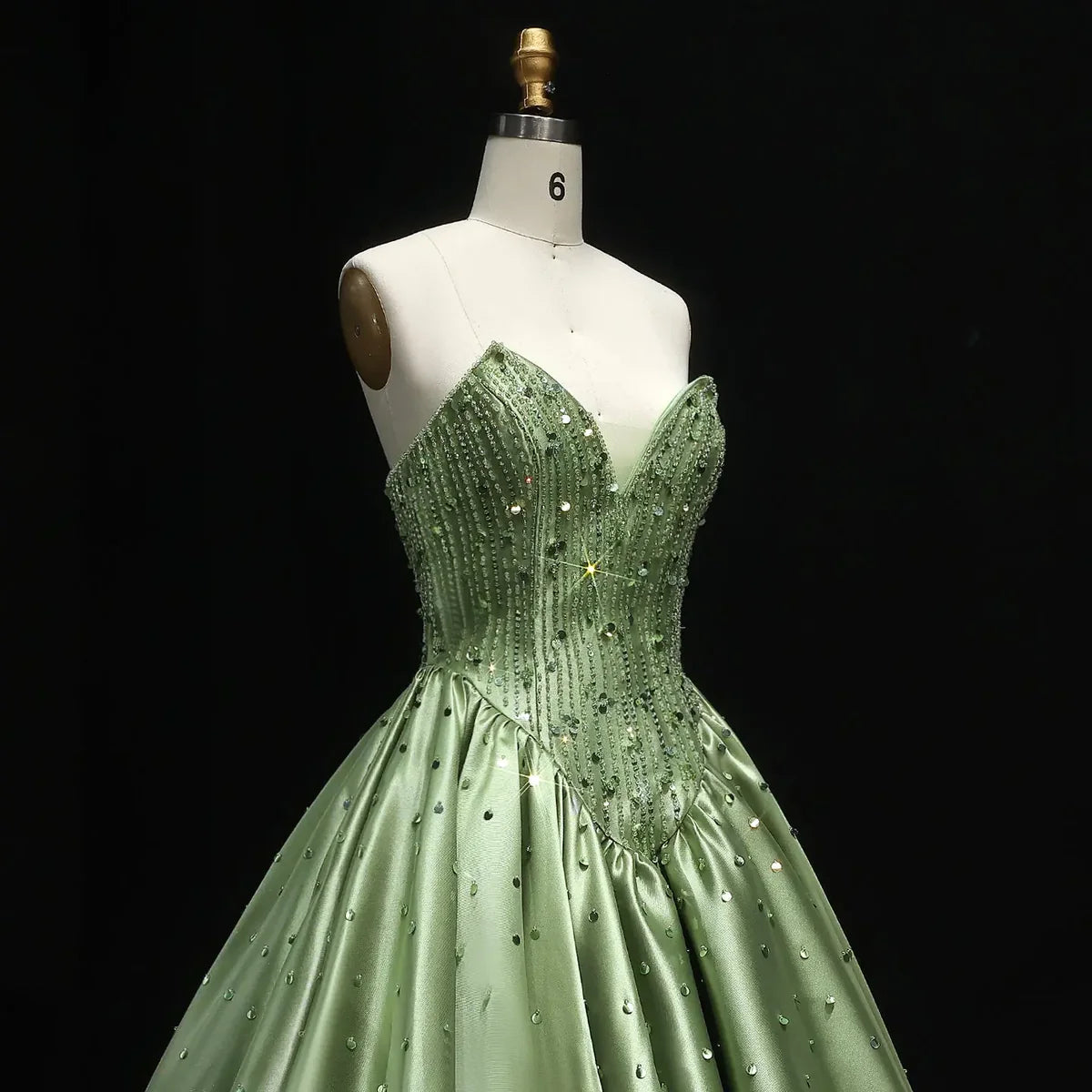 Pistachio "Princess" Gown with Beaded Corset and Dropped V-Waist