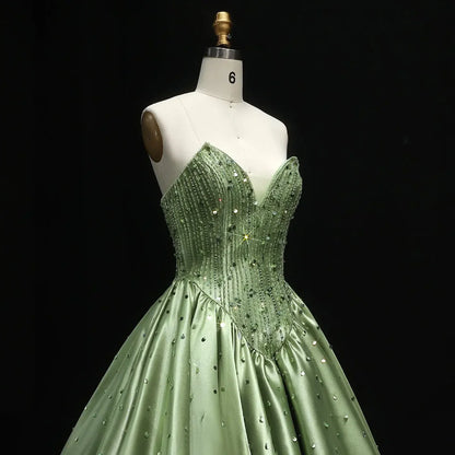 Pistachio "Princess" Gown with Beaded Corset and Dropped V-Waist