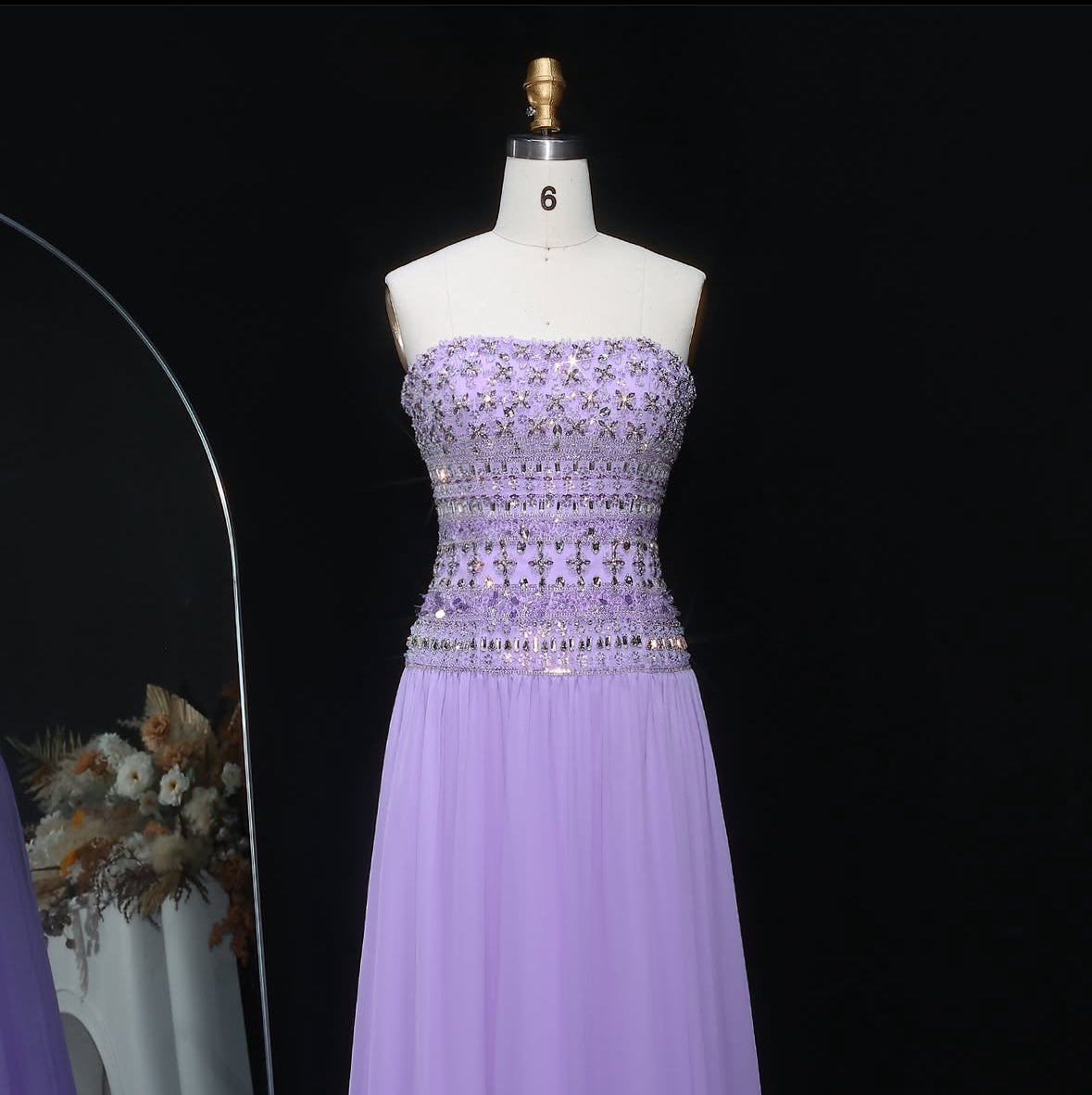 Strapless Lavender Evening Dress with Crystal and Beaded Embellishments