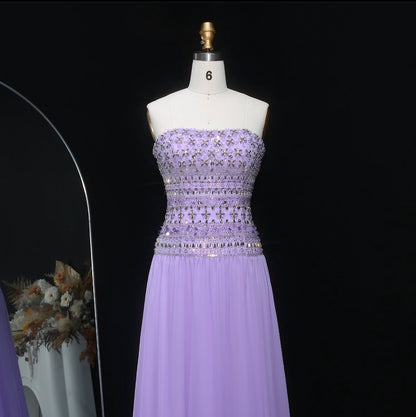 Strapless Lavender Evening Dress with Crystal and Beaded Embellishments
