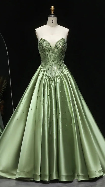 Pistachio "Princess" Gown with Beaded Corset and Dropped V-Waist