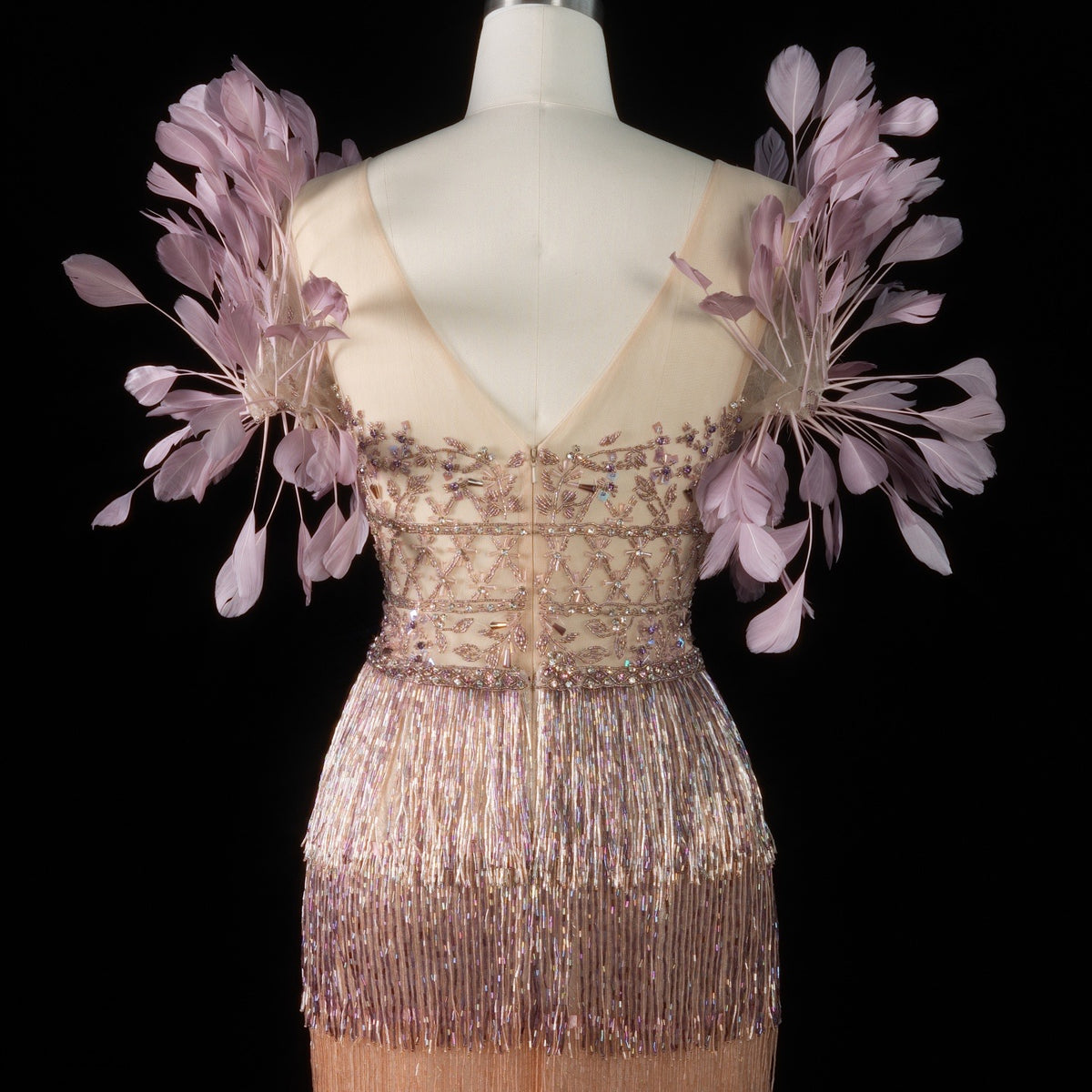 Luxurious Ombre Beaded Fringe Midi Cocktail Dress with Feather Sleeves