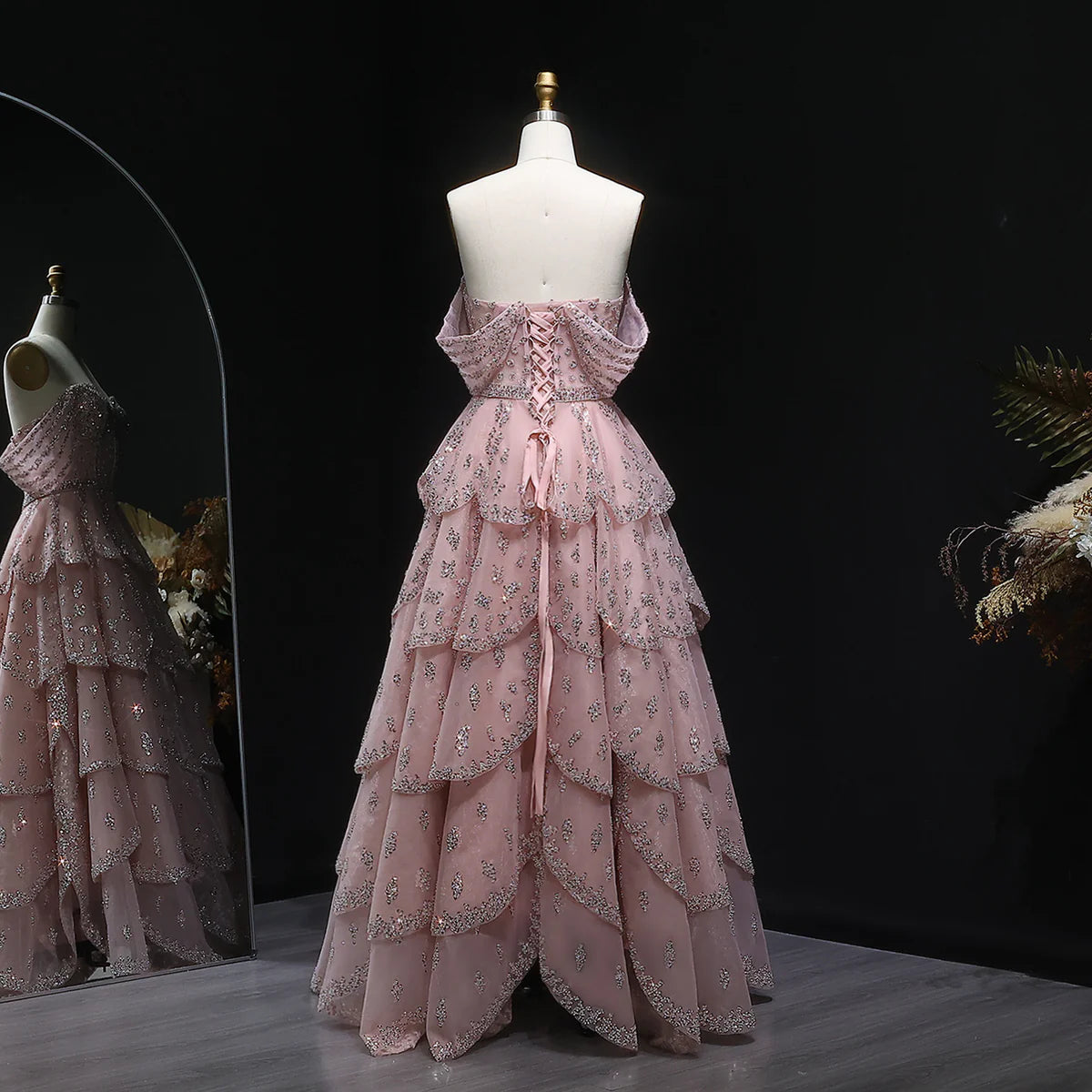 Off-Shoulder Tiered Evening Gown