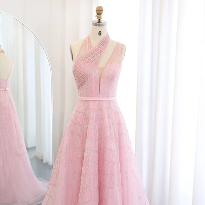 Elegant Pink Beaded Ball Gown – Sparkling One-Shoulder Formal Dress