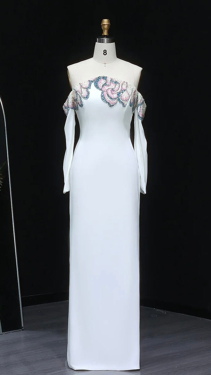 “Petal Edge” Sleek Gown with Off-Shoulder Sleeves and Crystal Floral Embroidery