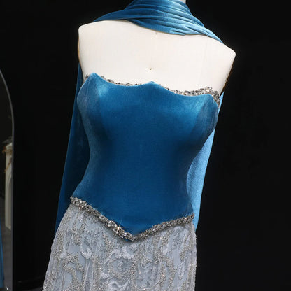 Gown with Velvet Corset & Flowing Scarf Drape