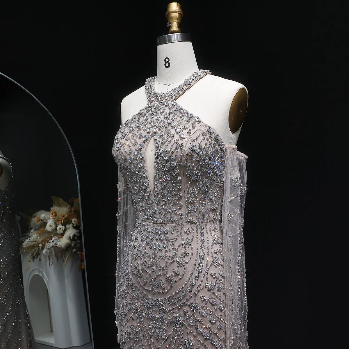Crystal Embellished Gown with Draped Crystal Gloves and High Neck Cutout Detail