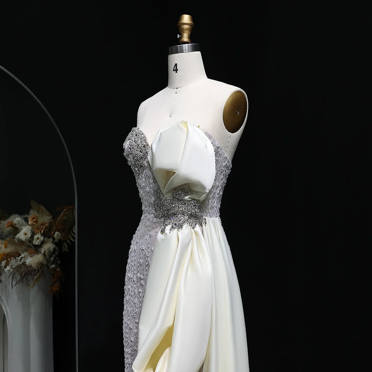 Strapless Crystal Gown with Satin Side Bow and Train