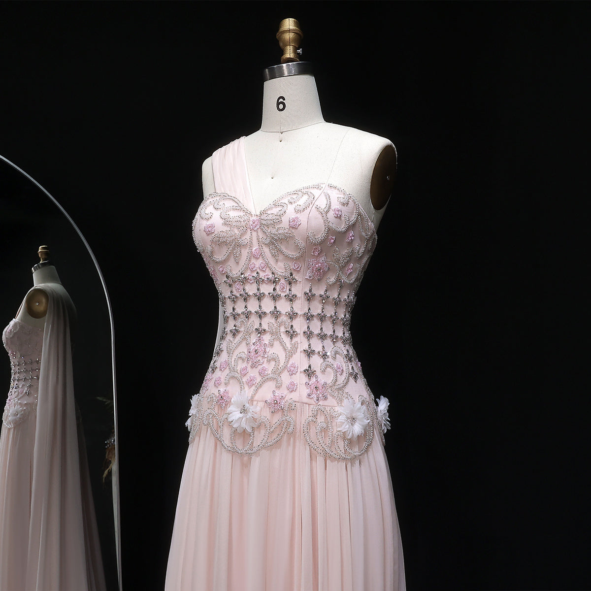 Dusty Pink One-Shoulder Beaded A-Line Evening Dress