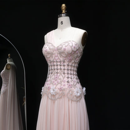 Dusty Pink One-Shoulder Beaded A-Line Evening Dress