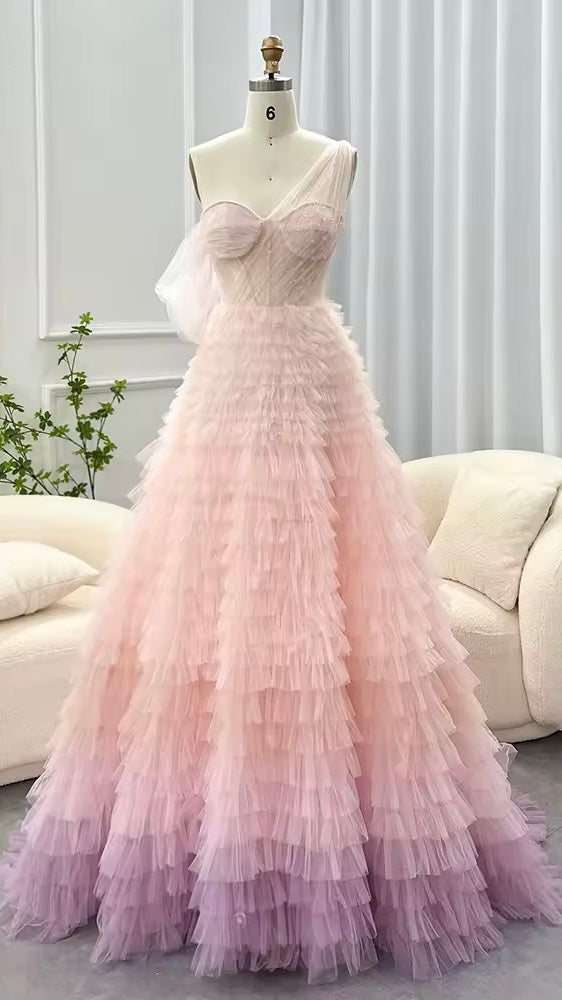 Pink,Lilac Evening Dress One Shoulder Long