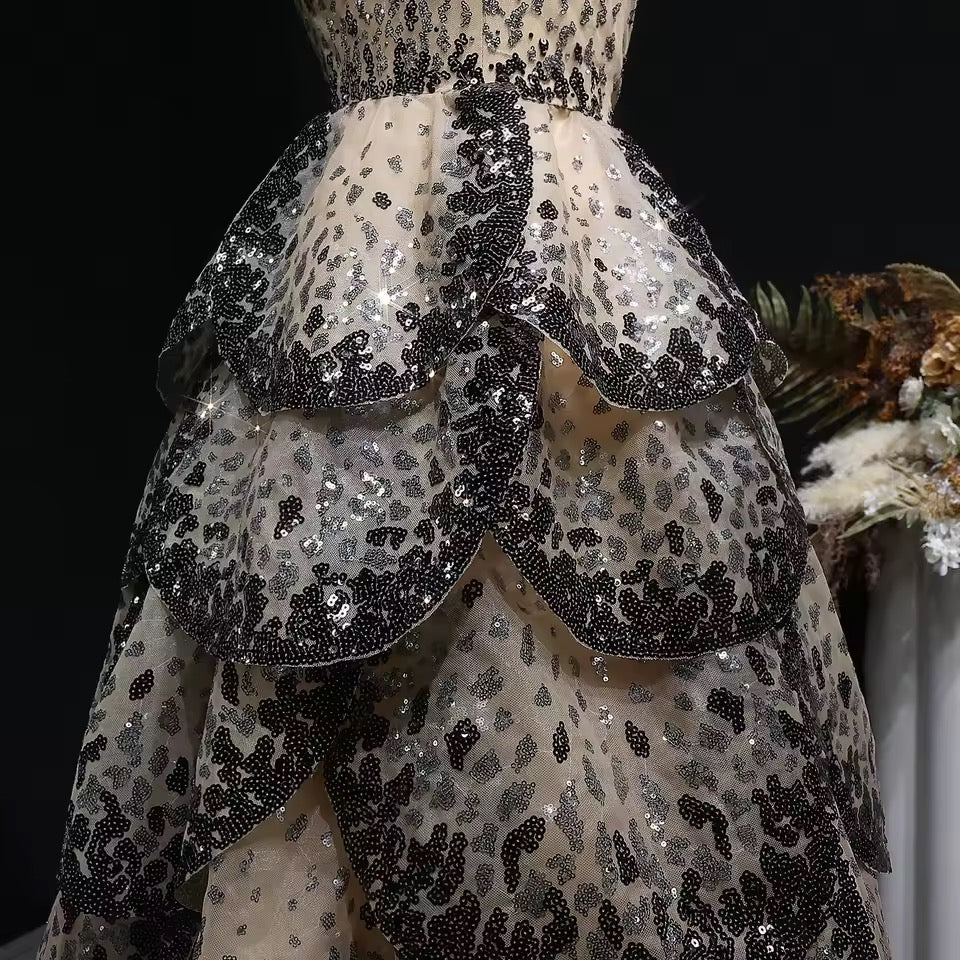 Luxury Champagne & Black Sequin Gown with Scalloped Tiers