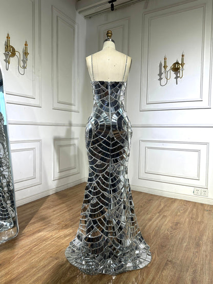 Luxury Silver Mirror Mosaic Mermaid Evening Dress