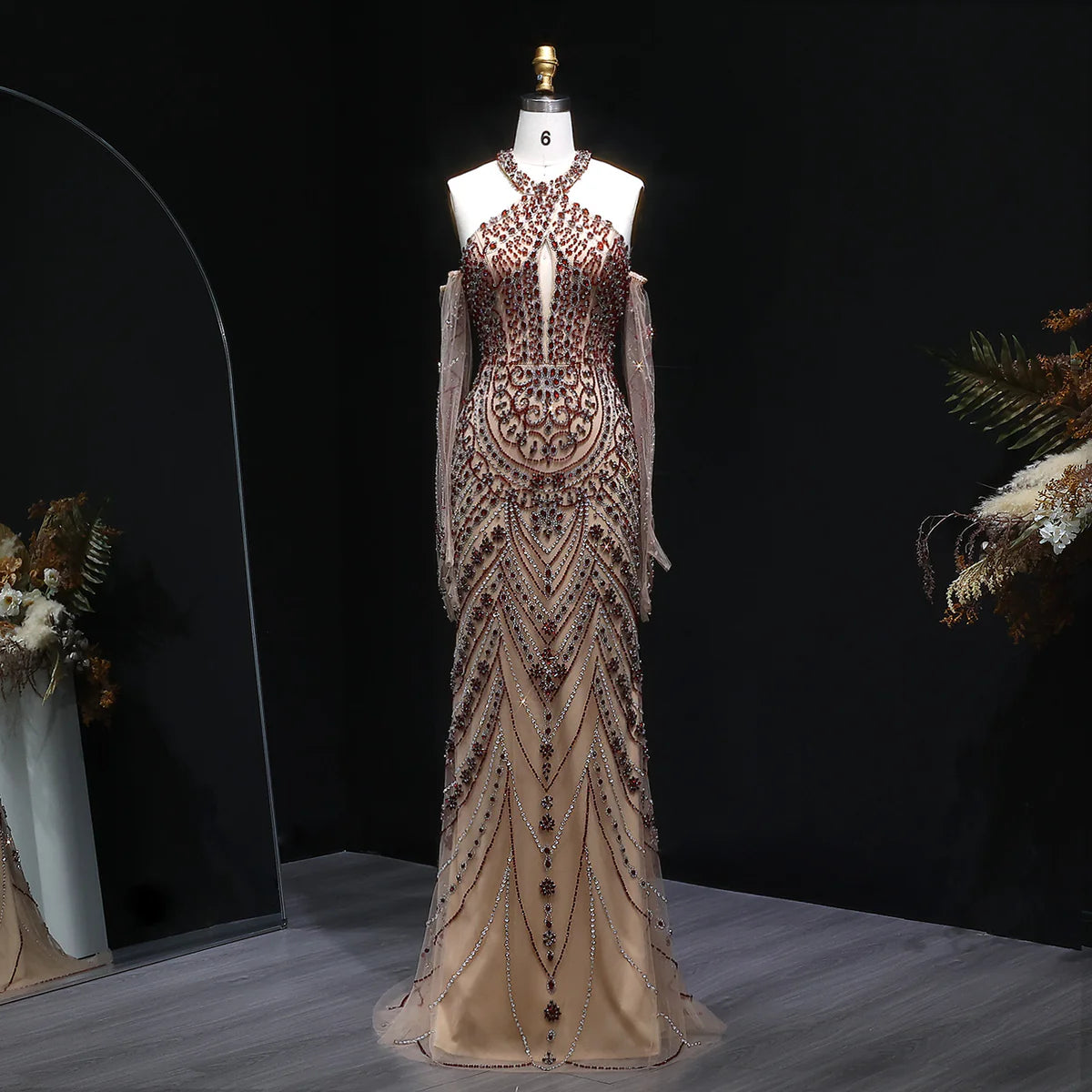 Crystal Embellished Gown with Draped Crystal Gloves and High Neck Cutout Detail