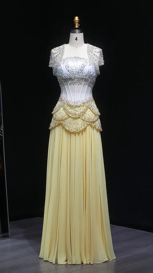 Elegant White & Yellow Chiffon Corset Dress with Short-Sleeve Jacket