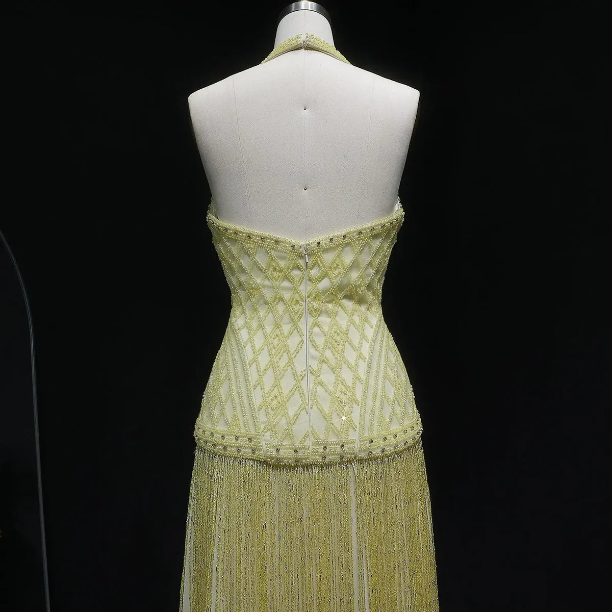 Geometric Beaded Bodice Gown with Cascading Bead Fringes