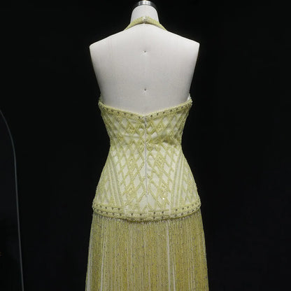 Geometric Beaded Bodice Gown with Cascading Bead Fringes