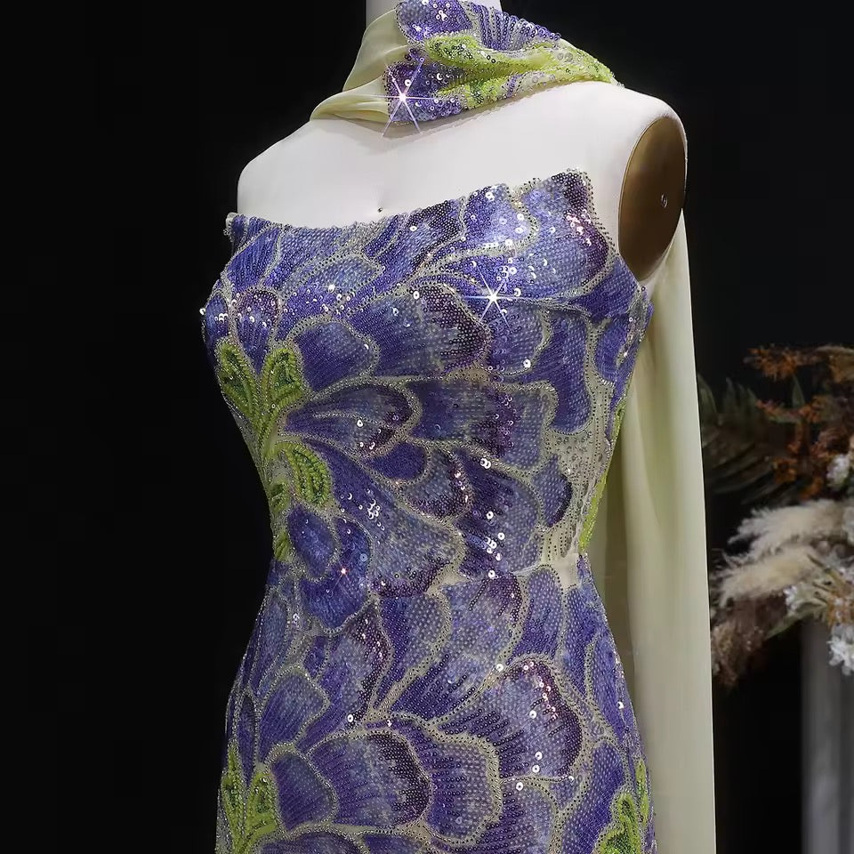 Strapless Floral Sequin Gown with Matching Scarf