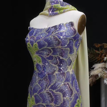 Strapless Floral Sequin Gown with Matching Scarf