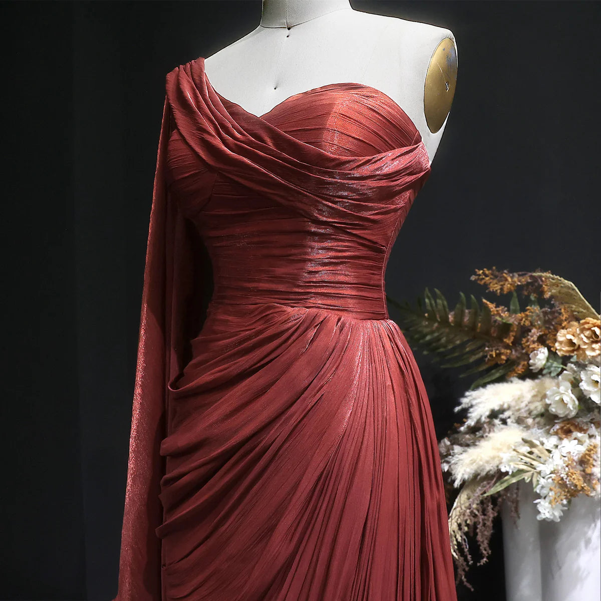 Metallic Ruched One-Shoulder Gown