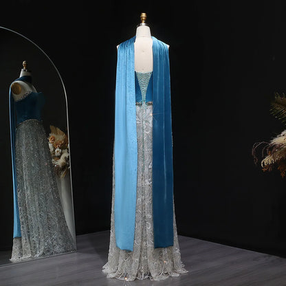 Gown with Velvet Corset & Flowing Scarf Drape