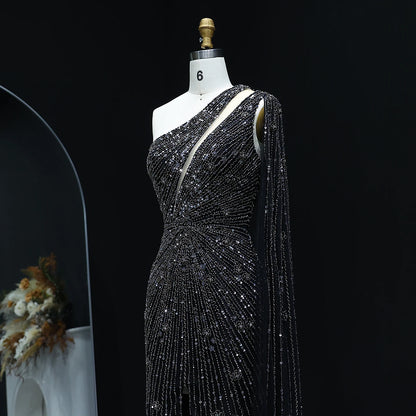 Radiant One-Shoulder Beaded Evening Gown – Elegant Slit Formal Dress