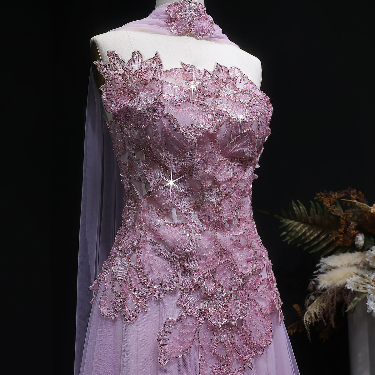 Lavender Tulle Gown with 3D Floral Appliques and Matching Neck Wrap