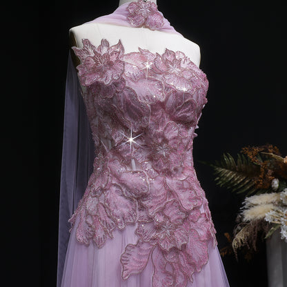 Lavender Tulle Gown with 3D Floral Appliques and Matching Neck Wrap
