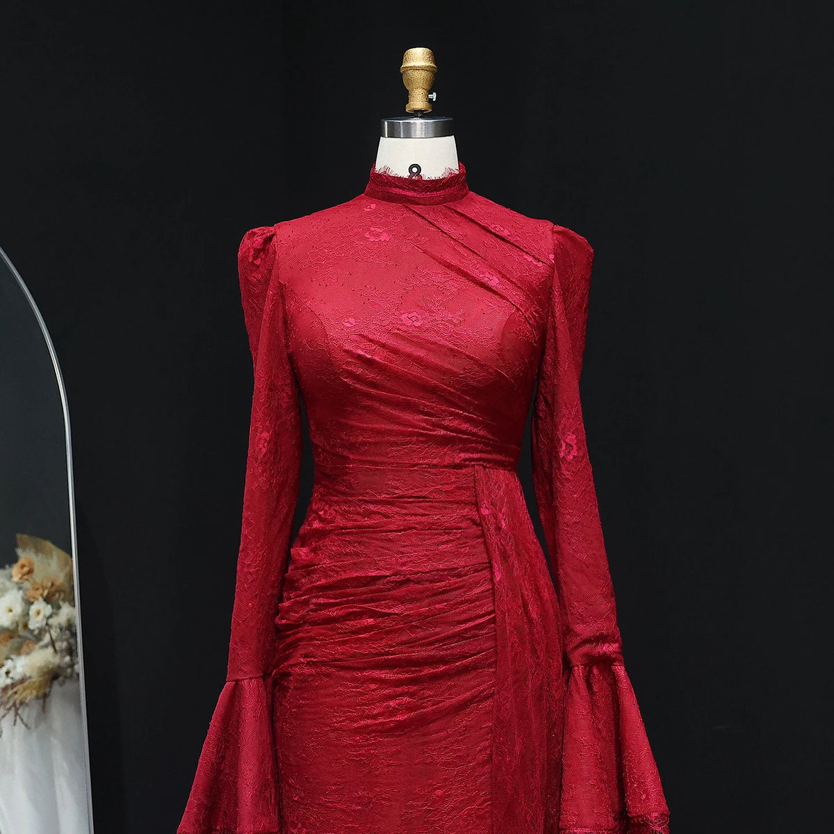 Burgundy High Neck Evening Dress with Lace Long Flare Sleeves