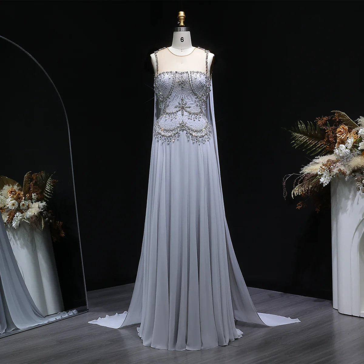 Dusty Rose Pleated Chiffon Gown with Chandelier Beading