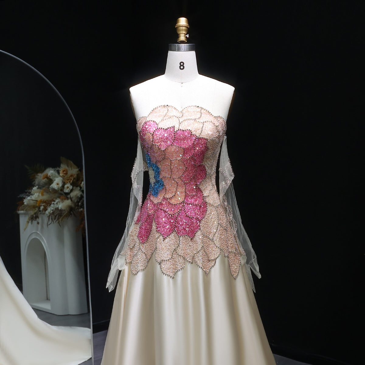 Elegant Satin A-Line Gown – Strapless Floral Beaded Bodice with Sheer Gloves