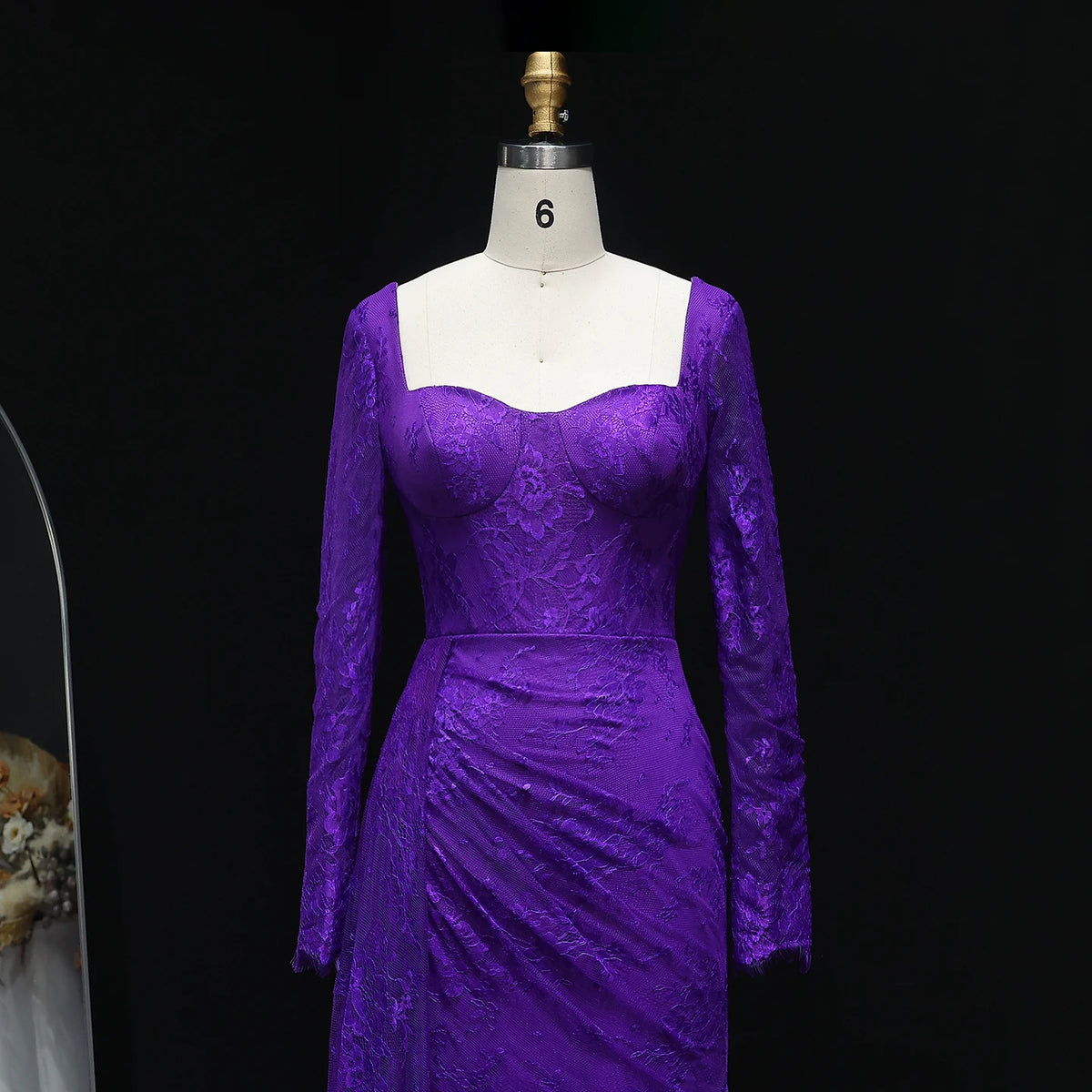 Purple Lace Pleated with Long Sleeves Side Slit
