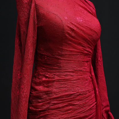 Burgundy High Neck Evening Dress with Lace Long Flare Sleeves