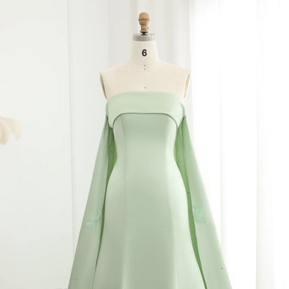 Luxury Crystal 3D flower Sage Green Evening Dress with Cape ns