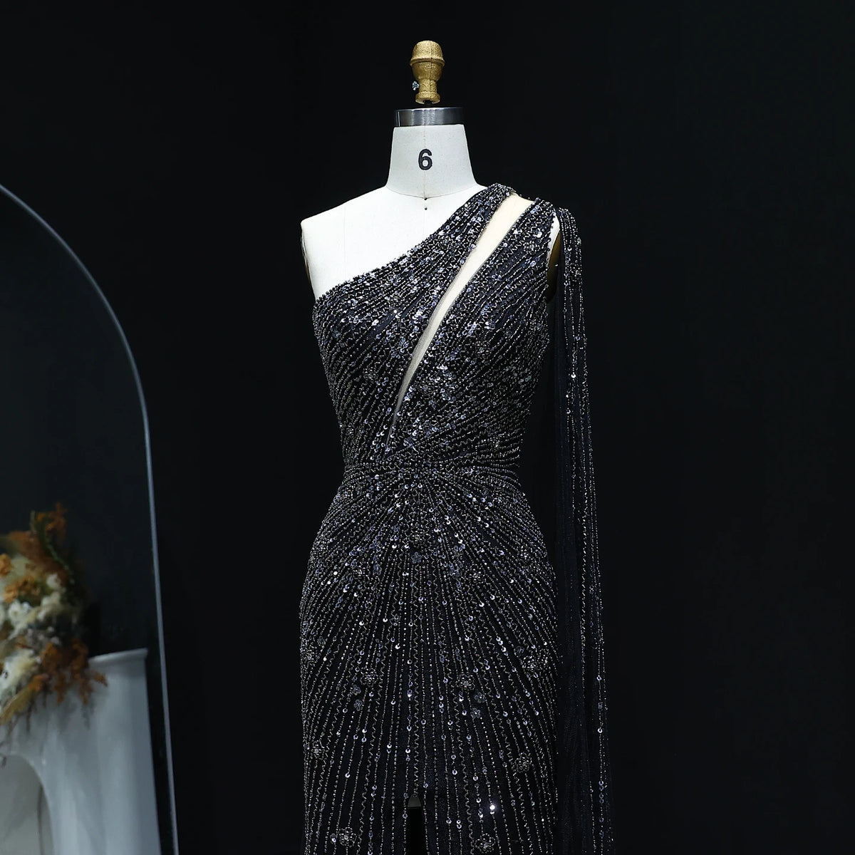 Radiant One-Shoulder Beaded Evening Gown – Elegant Slit Formal Dress