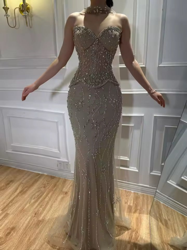 Luxury Peach Blossom Corset Gown with Crystal Rain Embroidery
