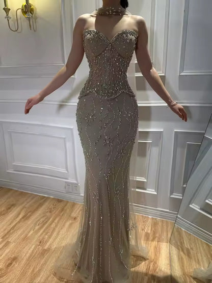 Luxury Peach Blossom Corset Gown with Crystal Rain Embroidery